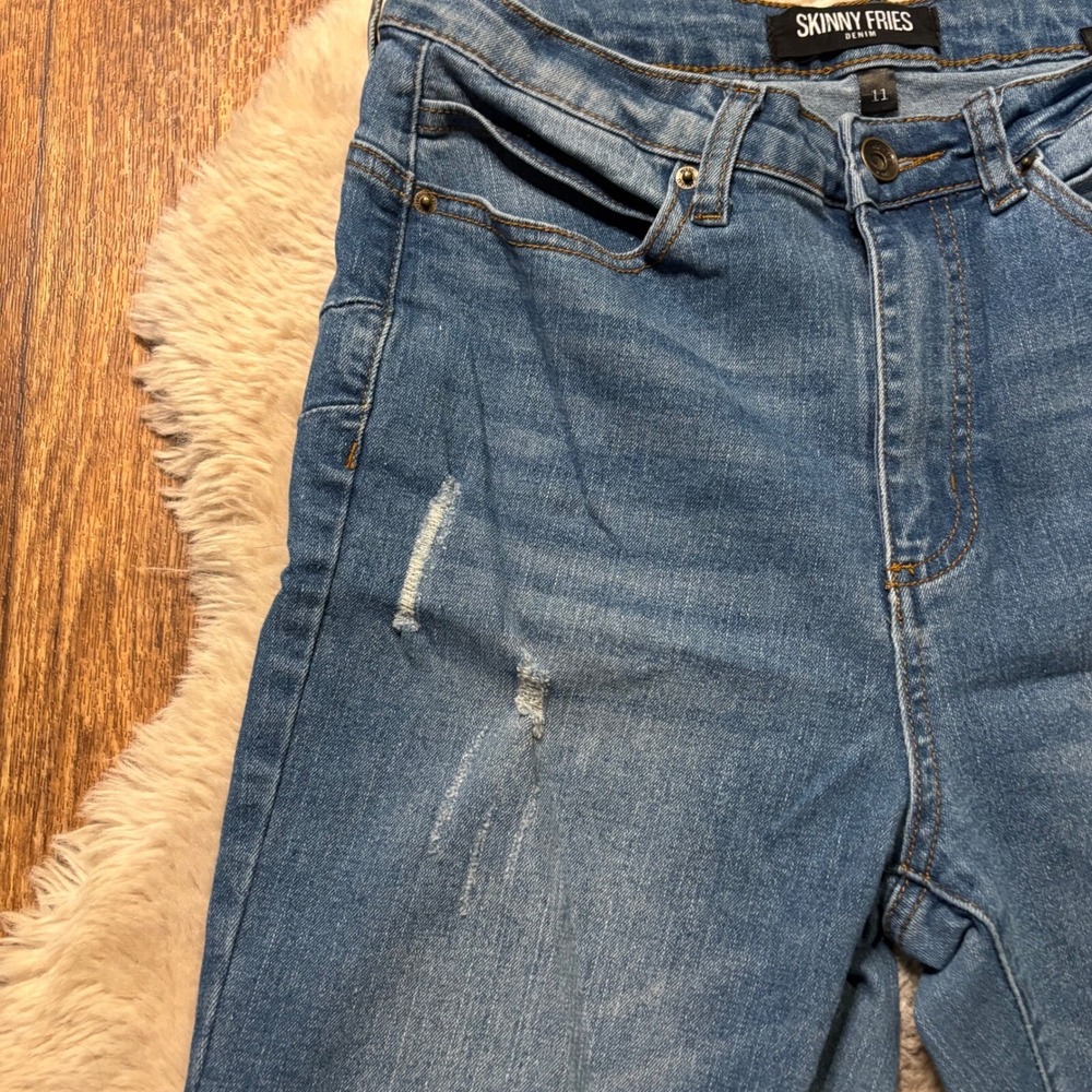 Skinny Fries Denim Jean Size 11 Flare Light Distressed Medium Blue Raw Hem - Picture 4 of 13